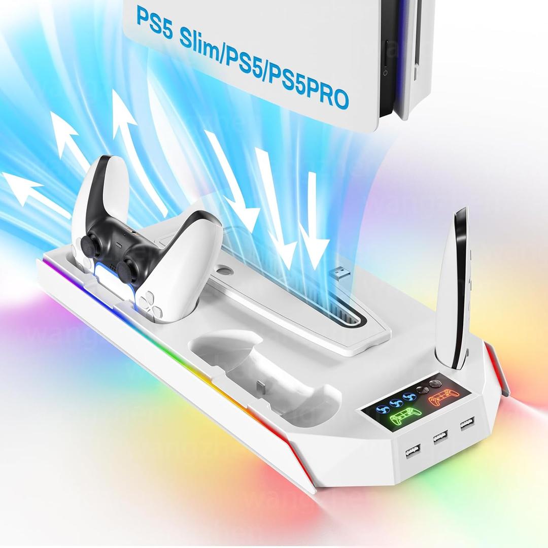 PS5 Cooling Station Stand RGB with Dual Controller Charging Station for PlayStation 5 Console, PS5 Accessories Incl. Controller Charger, Cooling Fan, Headset Holder, 3 USB Hub (color-white)