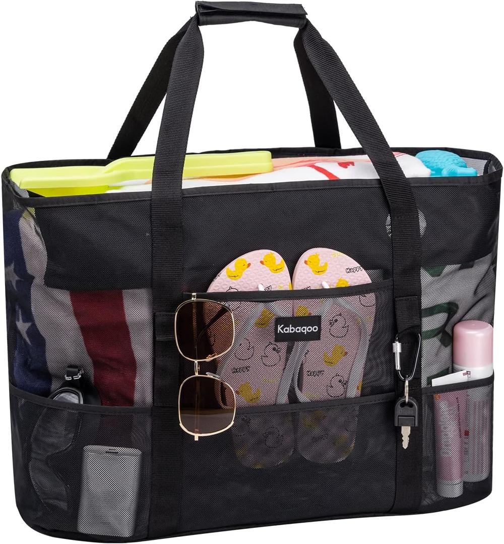 KABAQOO Mesh Beach Bag, Extra Large Beach Bags with 9 Pockets & Zipper Waterproof Lightweight Beach Tote for Beach/Pool Trip (Black)