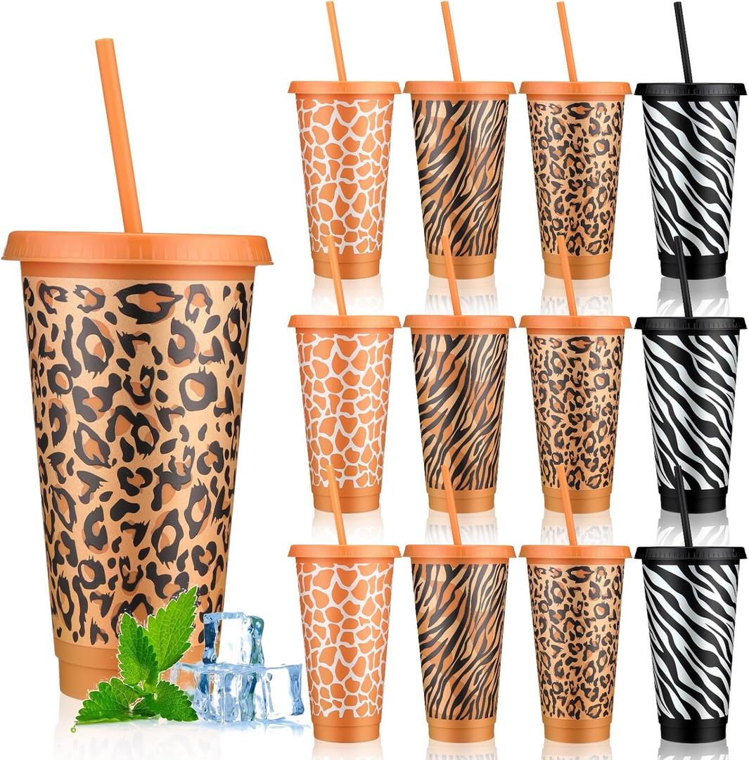 12 Pcs Safari Party Plastic Cups with Lid Straw 24 oz Cheetah Plastic Drink Cups Reusable Bulk Leopard Tumblers for Cheetah Theme Party Favors Birthday Gifts Animal Print Decorations