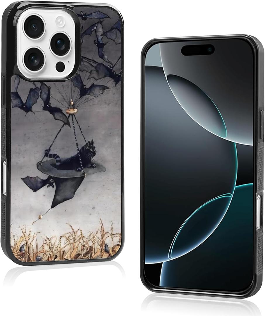Cute Black Cat Halloween Bat Phone Case, Funny Cat Bat iPhone 16 Pro Case, Non-Slip Mobile Phone Case, for Teen Girls and Boys, Women and Men16 Pro (3)