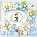 AIBIIN 85Pcs Baptism Decorations for Boys, Primera Comunion Decoracion First Holy Communion Christening Party Decorations White and Blue Baptism Balloon Garland Kit with Mi Primera Comunion Banner.