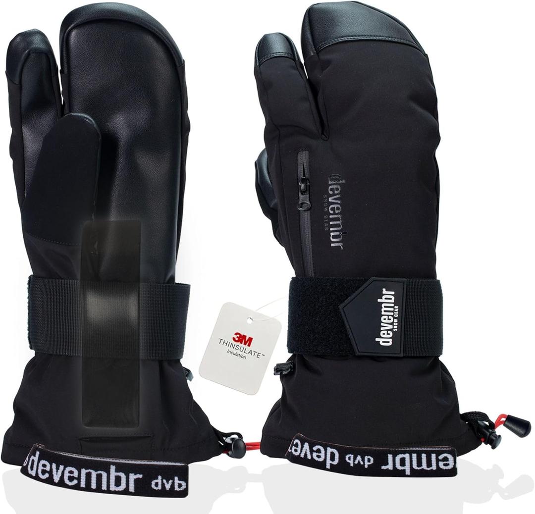 devembr Three-Finger Ski Gloves with Wrist Guards, Warm Snowboarding Gloves (Black/Gray) (Small)