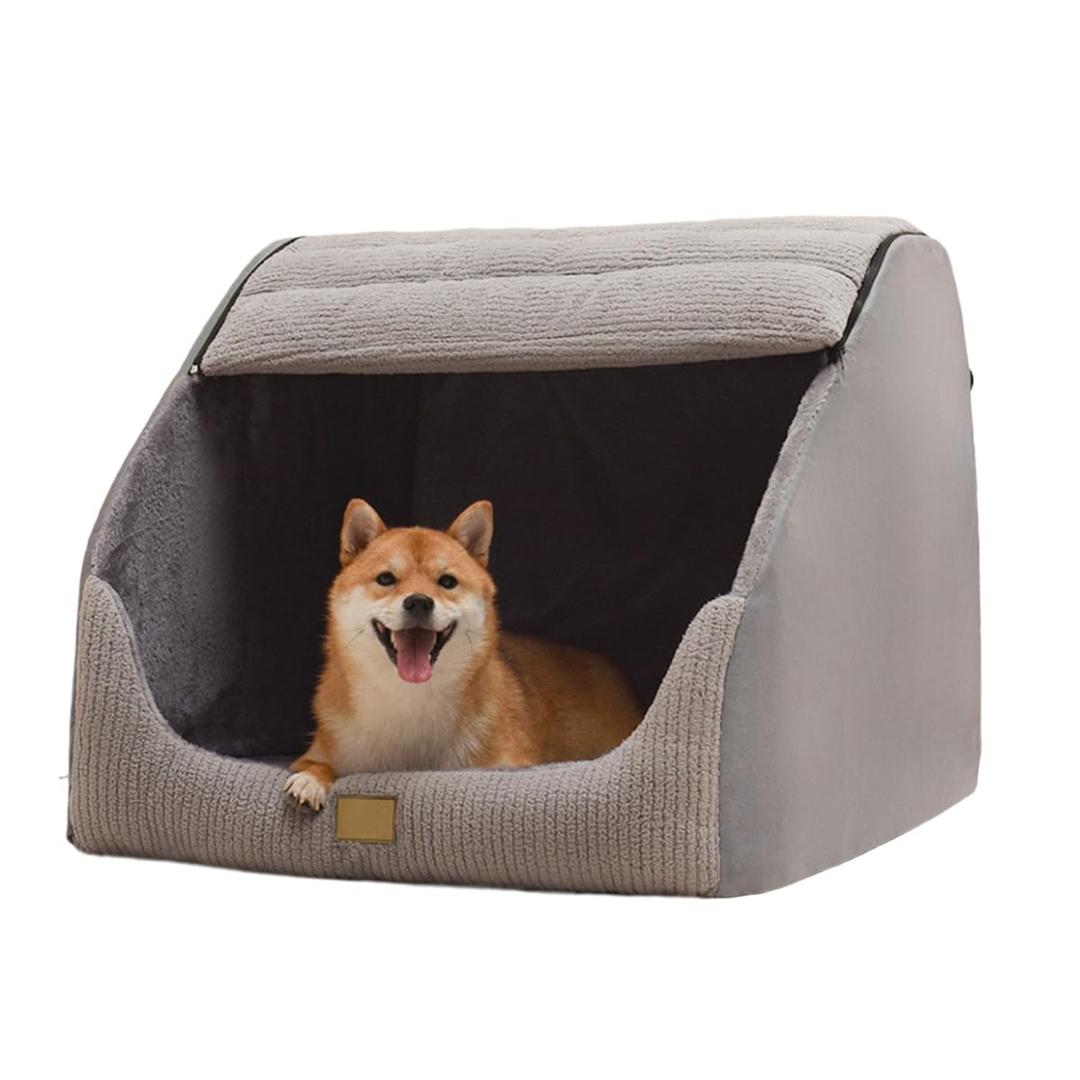 Large Dog House Indoor, Soft Plush Dog Cave Bed Covered Dogs Bed with Fluffy Washable Cushion, Portable Dog/Cat Pet Tent House for Small Medium Dogs (Grey, Large)