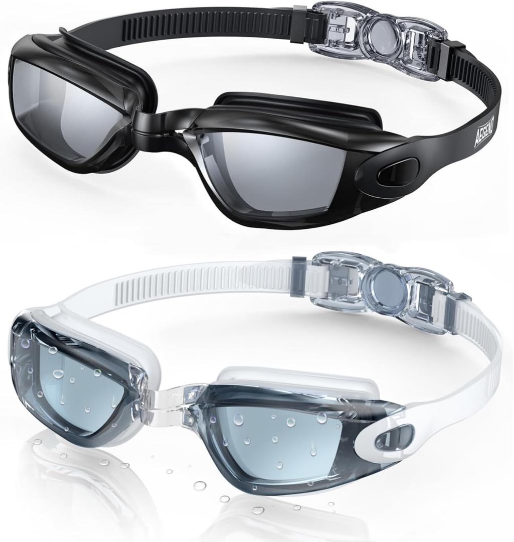 Aegend Swim Goggles, 2 Pack Swimming Goggles No Leaking Adult Men Women Youth (Black & Light-white Gray)