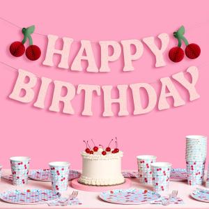 Fetti Happy Birthday Cherry Banner - Pink Glitter, 6.5 Ft. | 3D Cherry Garland, Bday Decoration, Accordion Party Sign, Pop Up Photoshoot Backdrop