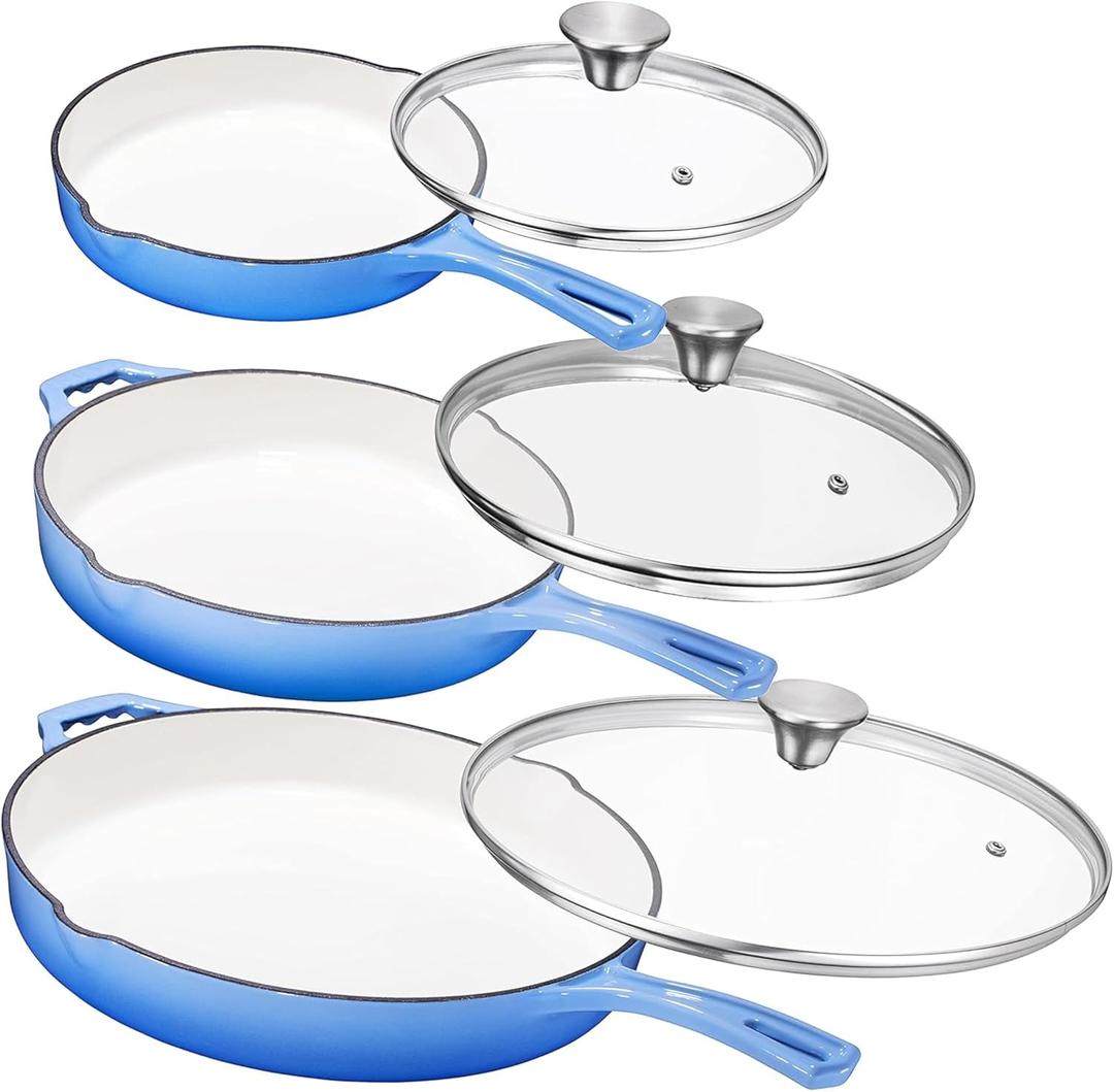 Bruntmor Pre-Seasoned Cast Iron Frying Pan Set - 8, 10, 12 Inch Blue Enamel Nonstick Skillets with Tempered Glass Lid - Oven Safe Egg and Grill Pan Set for Cooking, Searing, and Frying