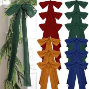12 PCS Christmas Frayed Edge Bows Decoration - 12" x 24" Chiffon Silk Ribbon Large Vintage Bow Ornaments Set for Xmas Tree Topper, Garland, Wreath, Candlestick - Holiday Indoor Outdoor Decor (Classic Color)