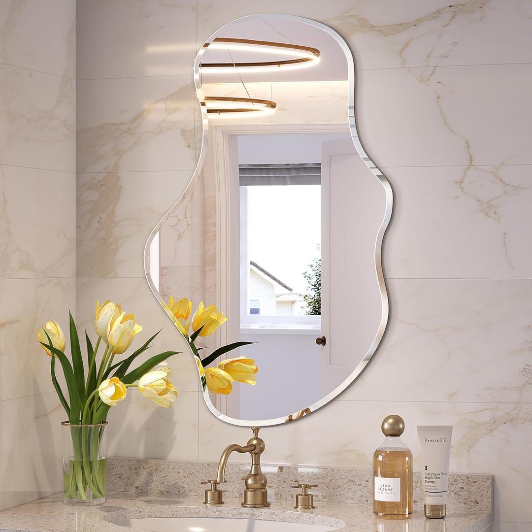 Irregular Wall Mirror, 22”x38” Asymmetrical Wall Mirror, Frameless Asymmetrical Mirrors for Bathroom Entry Way Bedroom Living Room
