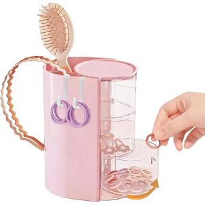 Hair Accessories Organizer with 2 Hooks,3-Layer Rotatable Hair Tie Organizer With Hair Brush Holder,Vanity Organizers For Girls (Pink)