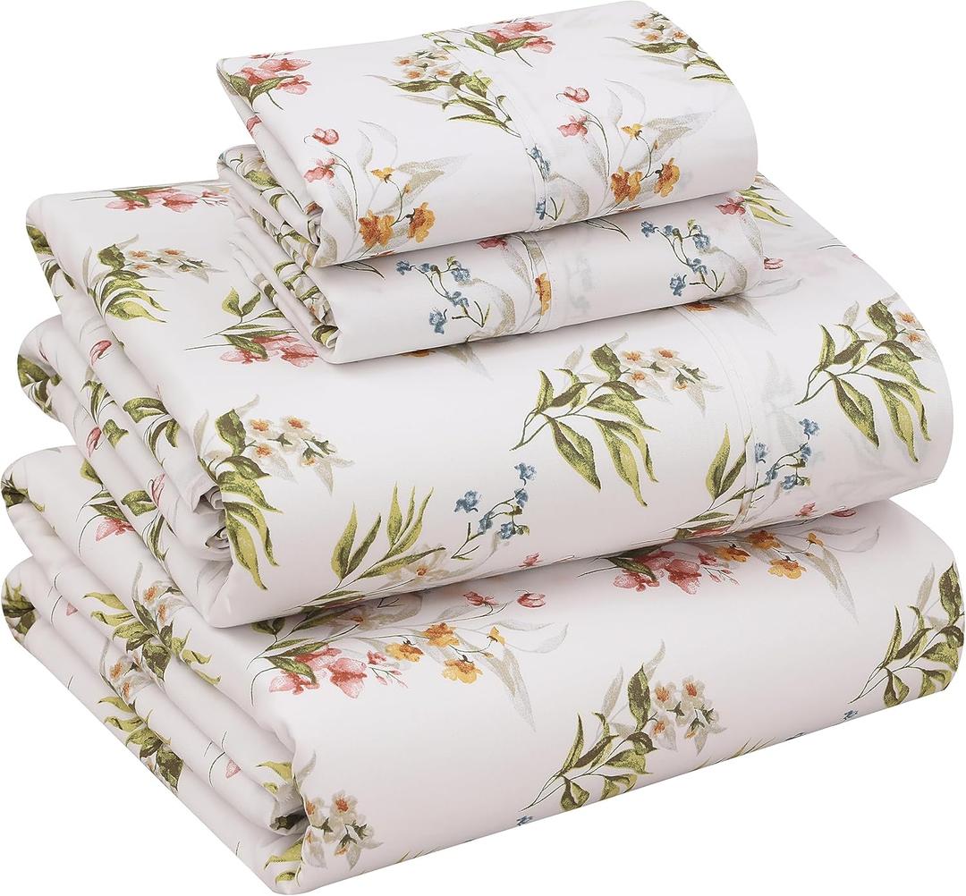 RUVANTI 100% Cotton Percale Sheets Queen Size, Floral Bliss | Crisp Cooling, Deep Pocket 16", Soft Breathable & Durable, Hotel-Style, 4 Piece Set