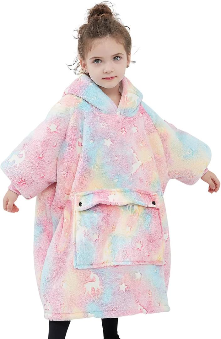 NOUKOW Wearable Blanket Hoodie for Toddlers Oversized Sherpa Blanket Sweatshirt Flannel Sweater Blanket 2-6 Years Old Girl Birthday Gifts Glow in the Dark Rainbow Elk