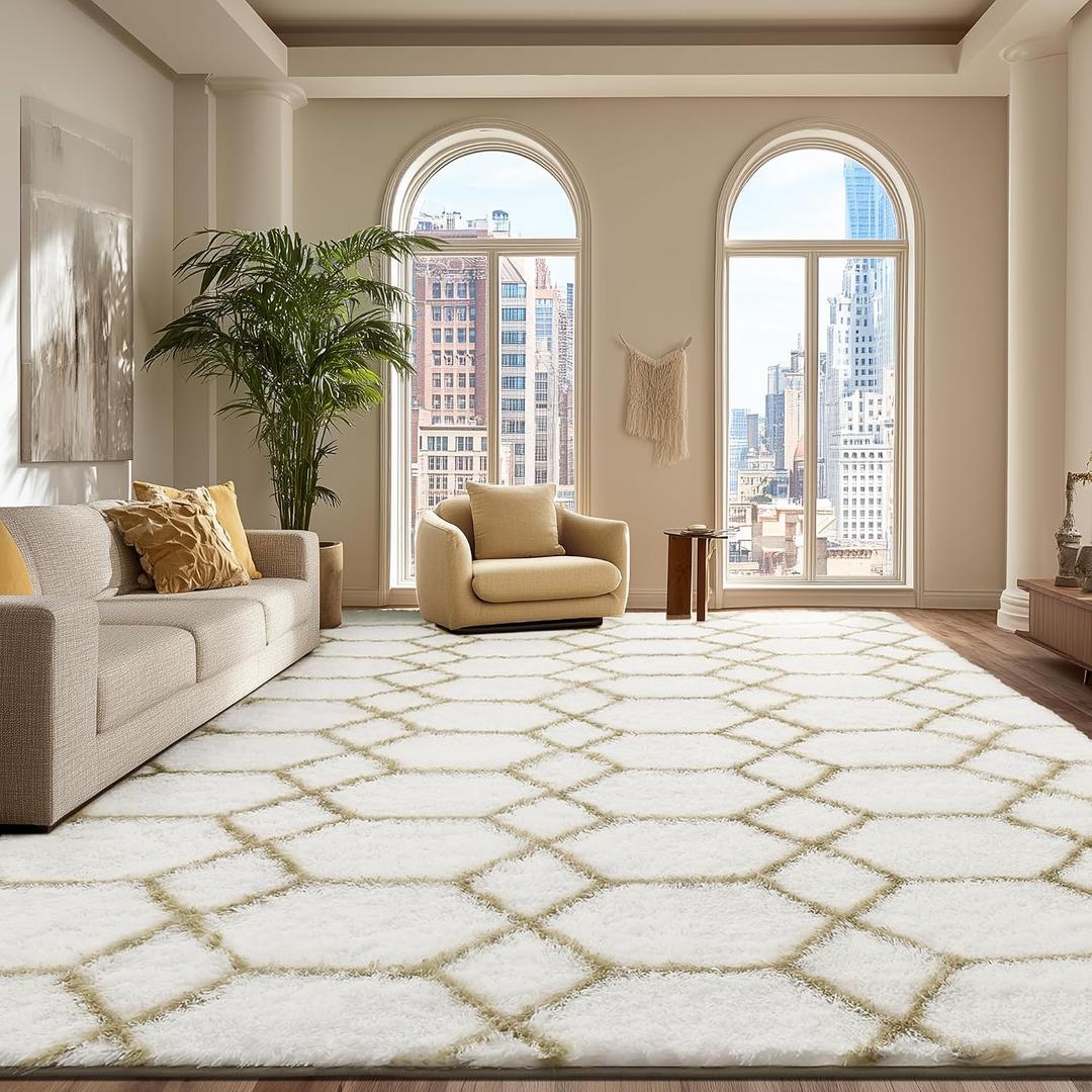 Large Rugs for Living Room, 8x10 White and Beige Fluffy Bedroom Area Rug, Shag Geometric Soft Fuzzy Carpets Big Kids Room Rug, Non-Slip Plush Modern Rug for Office Home Decor Aesthetic
