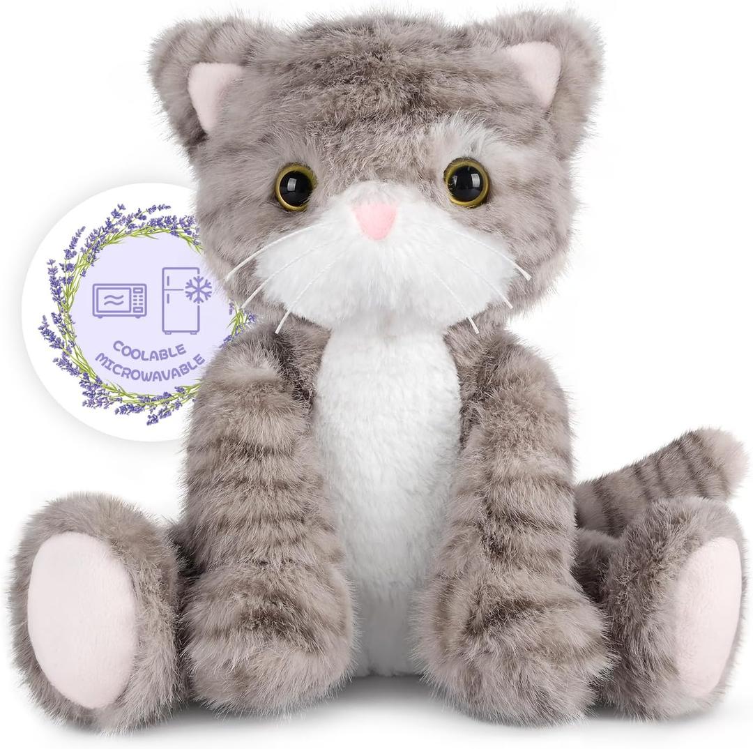 SuzziPals Heatable & Coolable Grey Cat Stuffed Animal, Cat Heating Pad Microwavable for Soothing & Relaxation, Lavender Scented Cat Plush Toy for Stress Relief, Stuffed Cat Toys for Kids