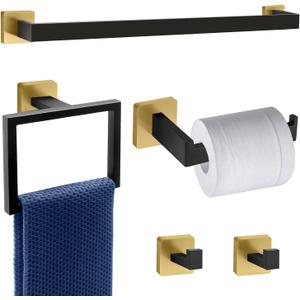5 Piece Black and Gold Towel Bar Set - Gold and Black Bathroom Accessories with 2 Towel Hook, Stainless Steel Wall Mounted Bathroom Towel Rack Set - Square 16-Inch