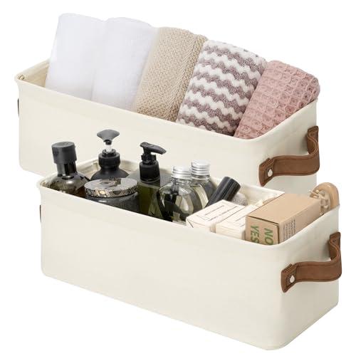 StorageWorks Narrow Storage Bins, Small Basket for Closet and Shelves, Fabric Organizer with Handles, Toilet Paper Storage, Natural Color, 2-Pack