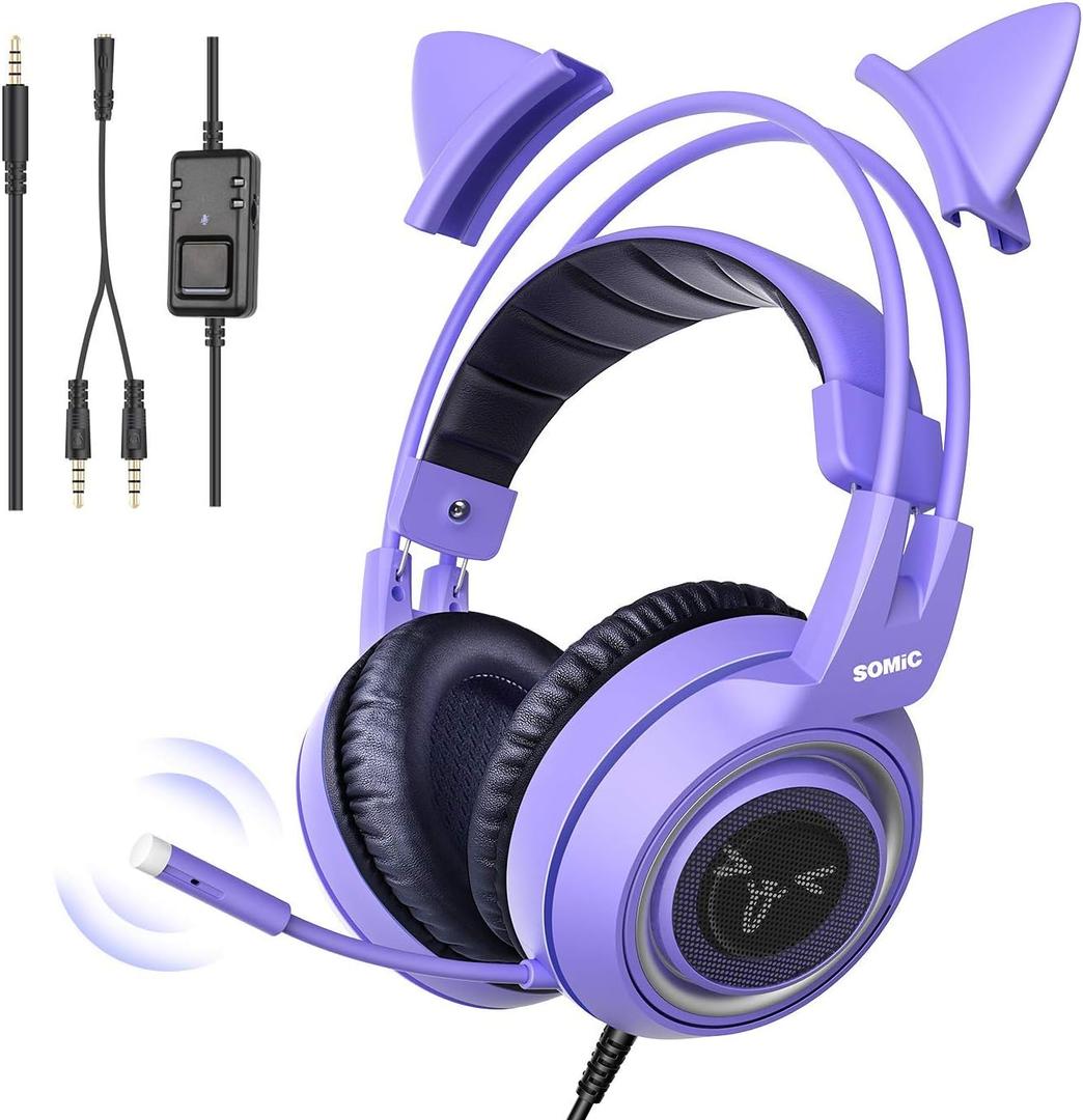 SOMIC G951S Purple Stereo Gaming Headset with Mic for PS4, PS5, Xbox One, PC, Phone, Detachable Cat Ear 3.5MM Noise Reduction Headphones Computer Gaming Headphone Self-Adjusting Gamer Headsets