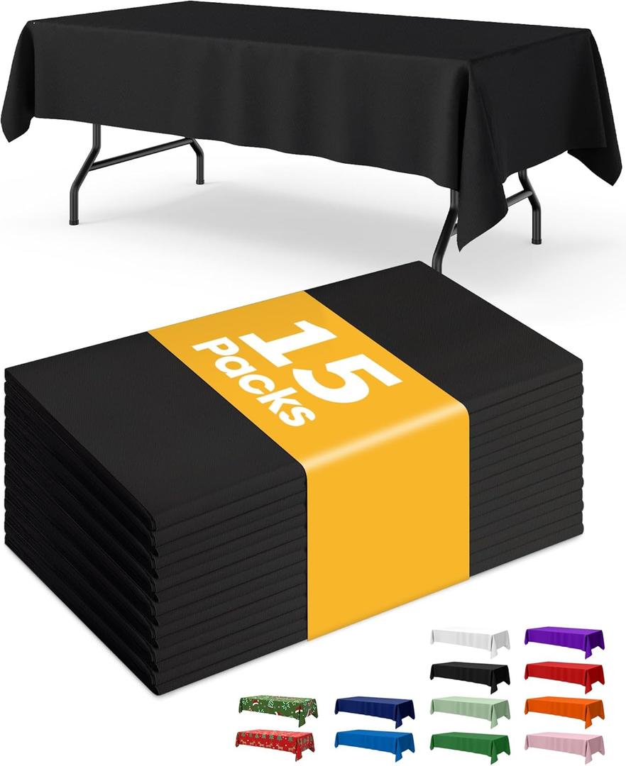 Black Plastic Table Cloth Rectangle Table 15 Pack, 54''108'' Tablecloth for 6ft Tables, Table Cloth for Disposable Use, Table Cover for Holiday Party, Gathering