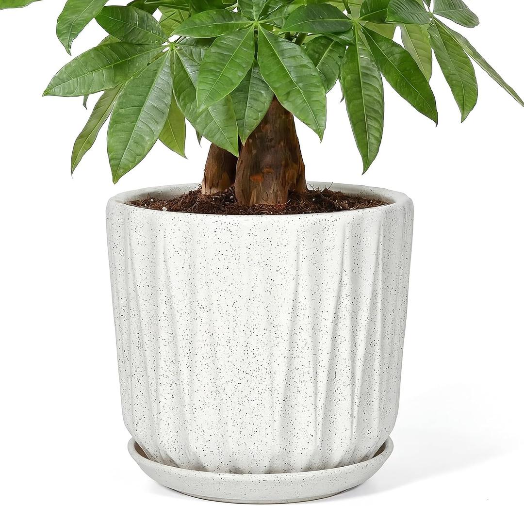 10 Inch Ceramic Planter Pot with Saucer Drainage Leak-Proof Mesh,Flower Pots for Indoor Plants with Gardening Gloves,Ceramic Planter(Waxen White)