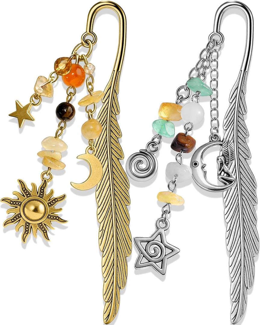Buleens 2 Pack Bookmarks for Women Reading - Book Marks for Readers Book Lovers, Vintage Sliver Gold Celestial Star Moon Sun Personalized Metal Bookmark with Pendants, Book Accessories Reading Gifts