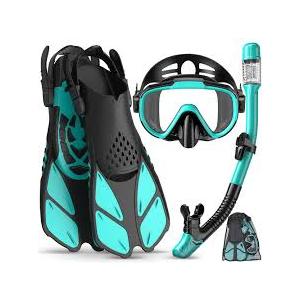 Snorkeling Gear for Adults Men Women,4 in 1 Snorkel Set with Panoramic View Diving Mask Anti-Fog Anti-Leak,Dry Top Snorkel,Fins and Travel Bag for Swimming,Snorkeling and Travel Diving (Blue)
