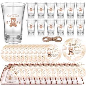 50 Sets Teddy Bear Baby Shower Favors We Can Bearly Wait for Guests Souvenir Brown Bear Acrylic Clear Shot Glasses Thank You Tags with Twine Organza Bags for Birthday Supplies, Gender Reveal