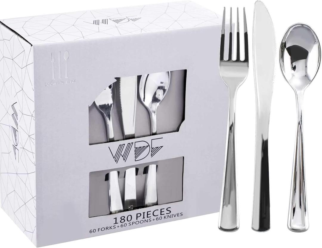 WDF 180 Pieces Silver Plastic Silverware - Silver Plastic Cutlery - Fancy Plastic Silverware Heavy Duty - 60 Forks 60 Knives 60 Spoons - Disposable Plastic Utensils Perfect for Party/Valentines Day
