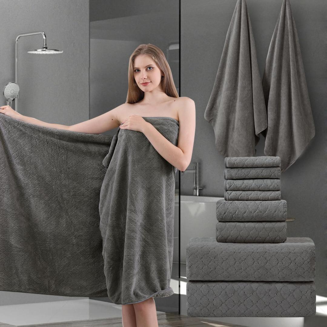 8-Piece Bath Towels Set,2 Oversized Bath Sheet,2 Hand Towels and 4 Washcloths - 600 GSM Soft Microfiber Highly Absorbent Quick Dry Bath Sheet Collection for Bathroom Hotel and Spa,Grey