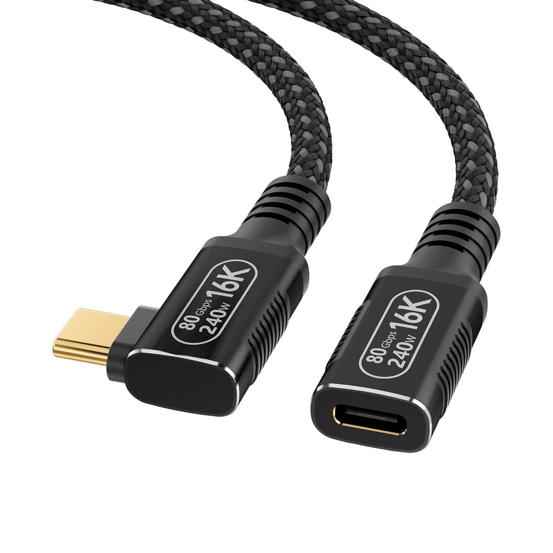 80Gbps USB C Extension Cable for Thunderbolt 5/4,1.65ft/0.5m Short USB4 cable with 90-Degree Right Angle ,240W Charging, 16K/Dual 8K Video, Male to Female Extension Cable for Laptop, Tablet,Dock
