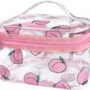 Clear Printed Fruit Cosmetic Bag and Travel Pouch with Handle-Durable PVC Material,Versatile,Zipper Design for Smooth Sliding-Ideal for Makeup,Travel Essentials (Honey Peach 1)