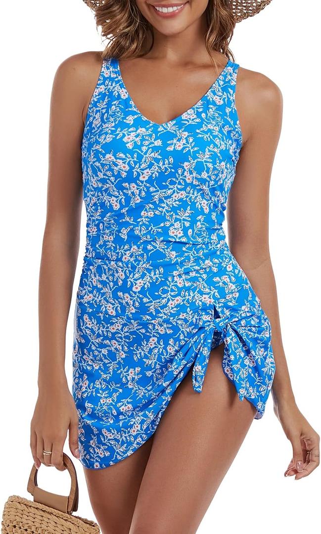 One Piece Swim Dress Swimsuits for Women Tummy Control Swimdress Skirt V Neck Bathing Suit (Small, Blue Floral Print)