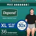 Depend Fresh Protection Adult Diapers, Incontinence Underwear for Men, Disposable, Maximum, Extra-Large, Grey, 36 Count