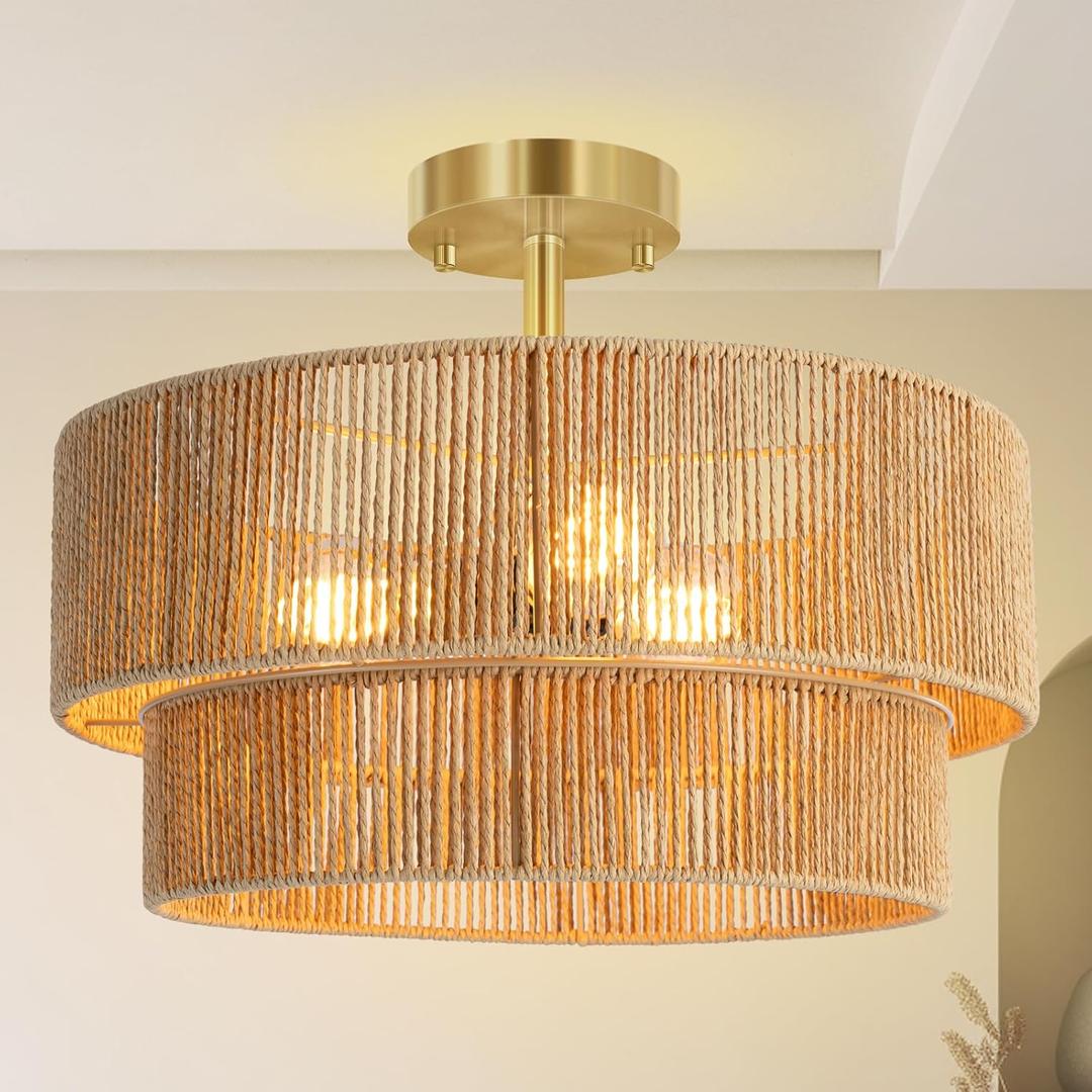 BoostArea 16.54 Boho 2-Tier Rattan Ceiling Light Fixture, Semi Flush Mount Woven Chandelier for Bedroom, Dining Room, Kitchen, Entryway, Living Room(Bulb not Included)