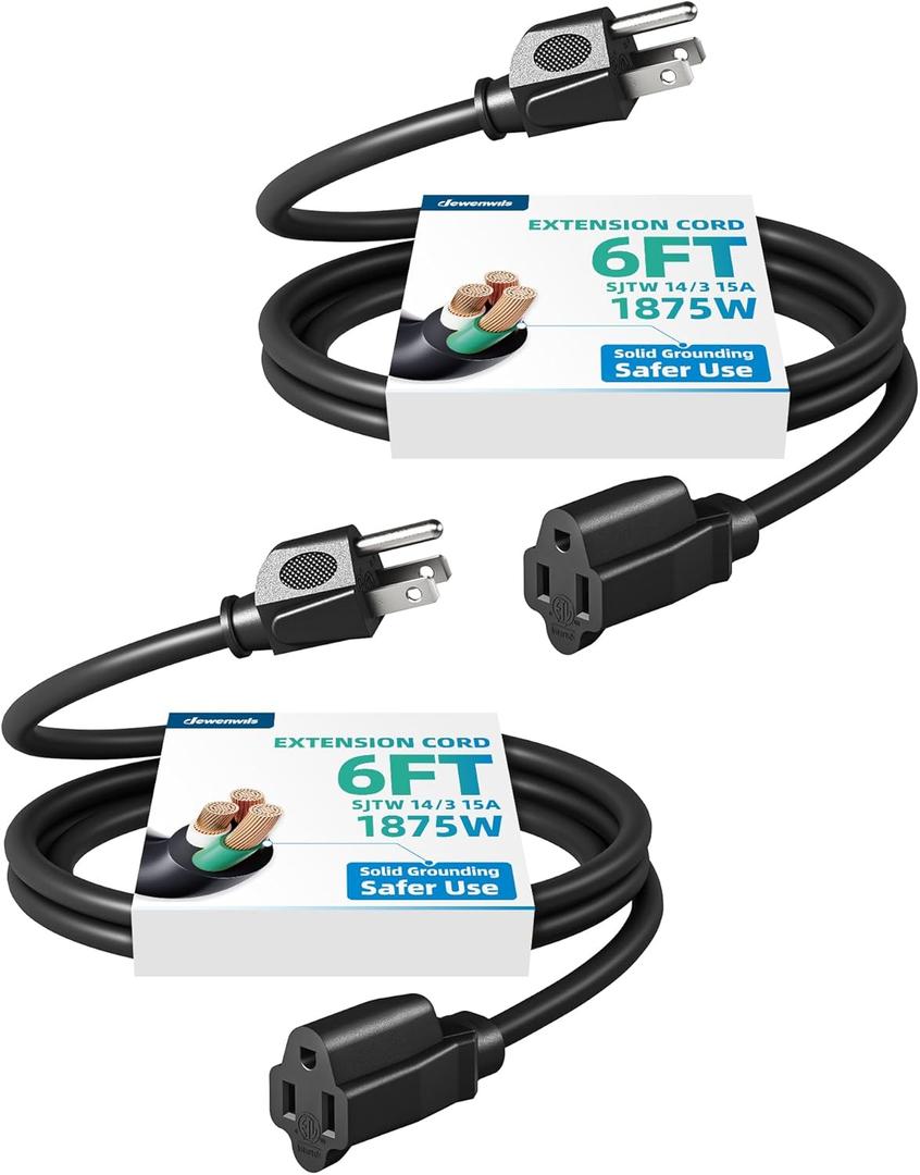 DEWENWILS Extension Cord 6ft, 14/3 SJTW Weatherproof Power Cable for Indoor Use, 3 Prong Heavy Duty Power Cord, Black, ETL Listed, 2 Pack