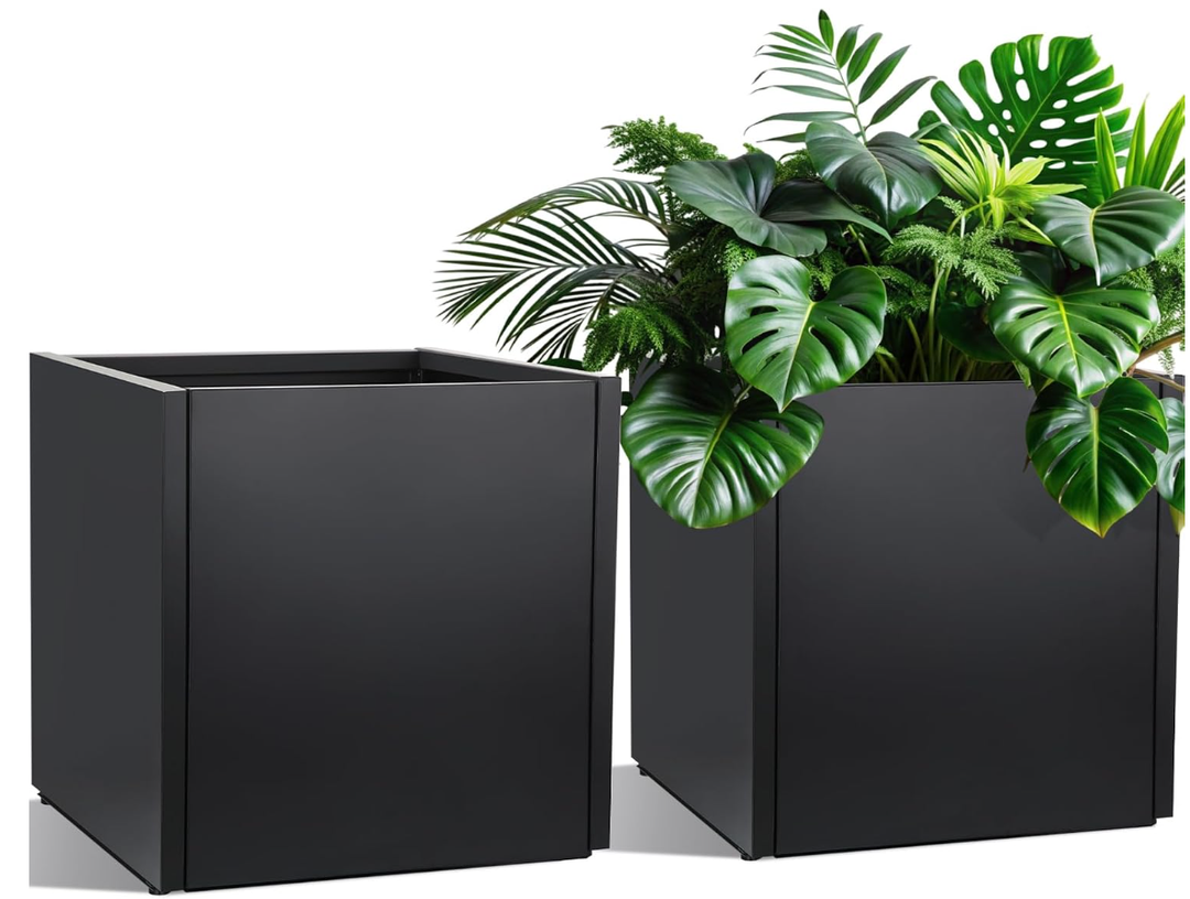 2 x RimCereal 2 Pcs Extra Large Black Square Planter Box Outdoor 17" L x 17" W x 18" H Heavy Galvanized Steel Planters with Drainage Holes Divider for Patio Porch Tall Plants