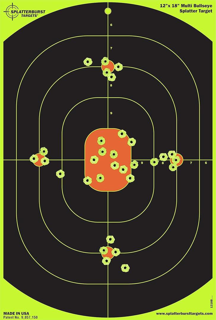 Splatterburst Targets - 12 x 18 inch Bullseye Splatter Target - Easily See Your Shots Burst Bright Fluorescent Yellow Upon Impact - Made in USA (50 pack)
