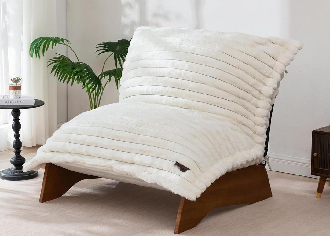 MAXYOYO Adjustable Living Room Chair, Convertible Bean Bag Chair & Recliner with Frame, Removable Cushion Floor Sofa Striped Fabric, Soft Upholstered Lounge for Bedroom, Dorm, Beige