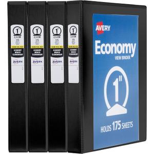 Avery Standard View 3 Ring Binders, 1" Round Rings, 175-Sheet Capacity, 1.4 Inch Wide Spine, Black Binders, Ideal for Lightweight Organization and Occasional Referencing (4-Pack of 19203)