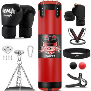 Punching Bag Set for Adults, 4FT Heavy Boxing Bag Set with 12 OZ Boxing Gloves, Suitable for MMA Karate Kickboxing Boxing Muay Thai Training at Home or Gym - Unfilled Heavy Bag (Red)