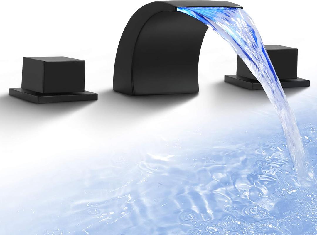 SKOWLL Matte Black Waterfall Bathroom Faucet, LED 8 Inch Widespread Bathroom Faucet 3 Hole, Modern Waterfall Vanity Sink Faucets with 2 Knobs