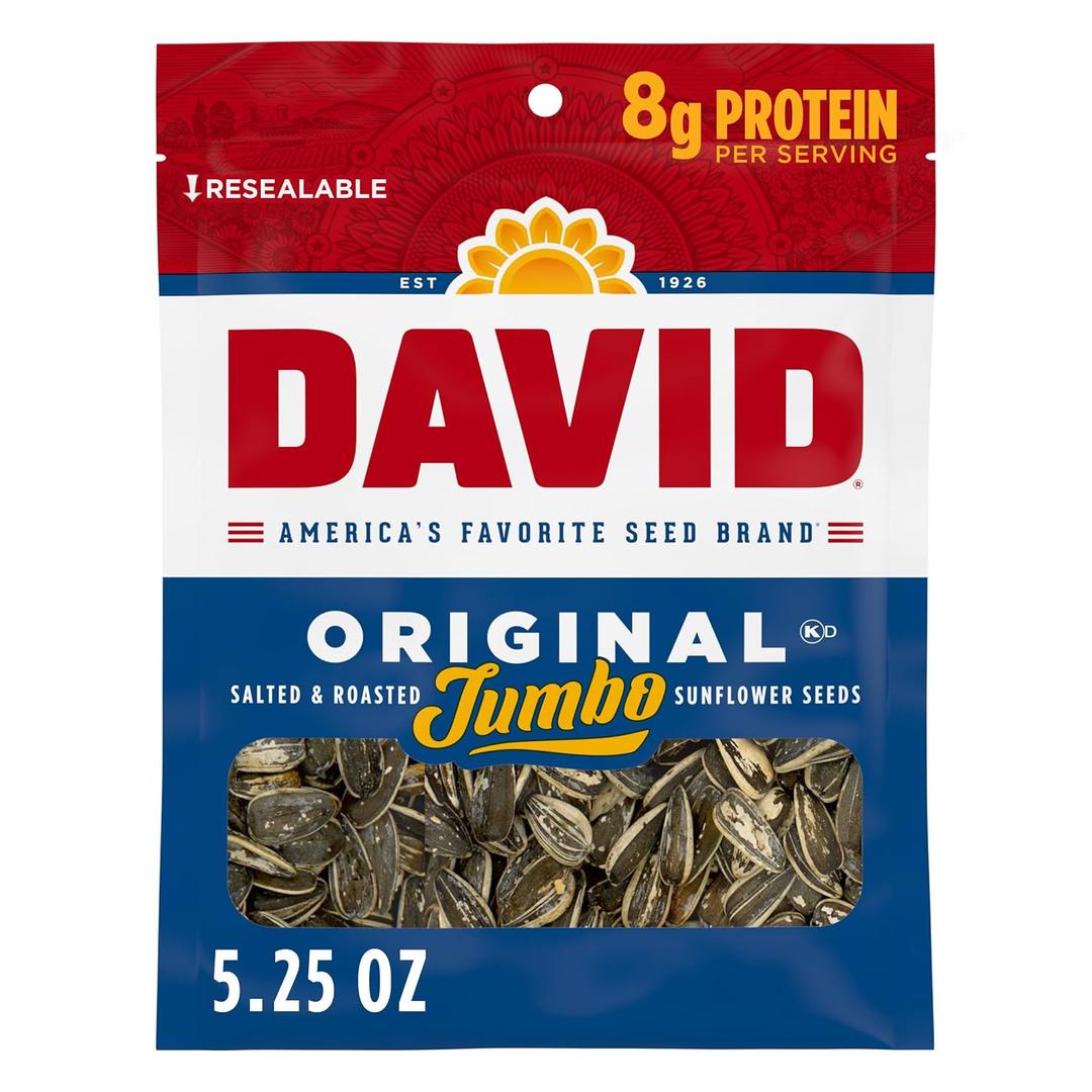 DAVID SEEDS Roasted and Salted Original Jumbo Sunflower Seeds, Keto Friendly, 5.25 Oz, 12 Pack (EXP 03/01/26)