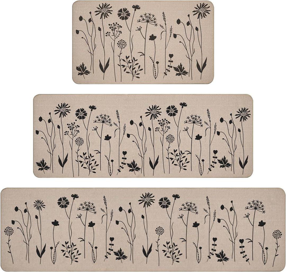 Rempry 3 PCS Kitchen Rugs Set, Flowers Non Slip Kitchen Mats for Floor, Waterproof Kitchen Rug for Laundry Room, Kithcen, 17"x47"+17"x30"+17"x59"