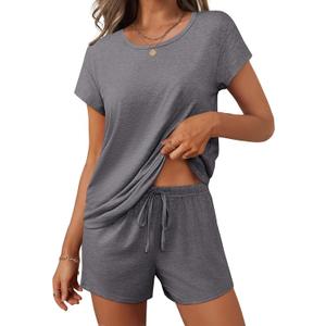 Ekouaer Women 2 Piece Pajamas Set Short Sleeve Comfy Lounge Set Round Neck Tops and Shorts Pjs with Pockets (Large, Grey)