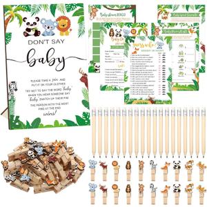 Patelai 321 Pcs Safari Baby Shower Games Supplies, Jungle Themed Baby Shower Games, 5 Sets (50 Cards Each) Activities Cards with 20 Pencils 1 Don't Say Baby Sign 50 Clothespin