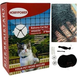 Cat Netting Balcony, 10x20 ft Stainless Steel Reinforced Bite Tear UV and Weather-Resistant Anti-Fall Netting for Pets, Safety Net for Cat, Small Catio for Apartment Balcony Protection