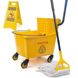 Kefanta 35 Qt Side Press Wringer Combo Commercial Mop Bucket on Wheels Set,Yellow,Include 1 Heavy Duty Industrial Mop for Floor Cleaning and Wet Floor Caution Sign