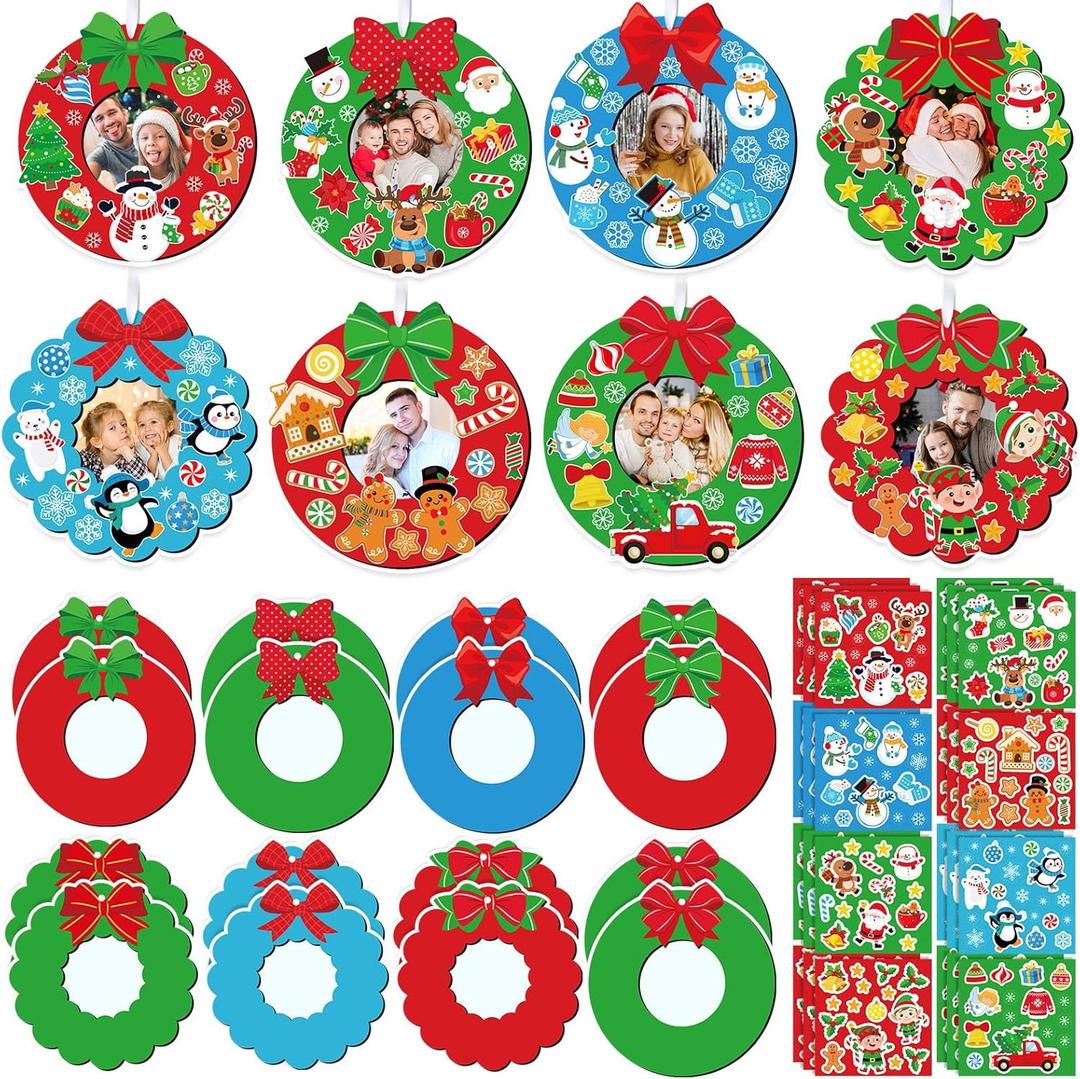 Dianelhall 24 Sets Christmas Picture Frame Craft Kit Xmas Wreath Photo Crafts Christmas Picture Frames Gift with Santa Stickers for Classroom Xmas Holiday Party Activities (Colorful Wreath)