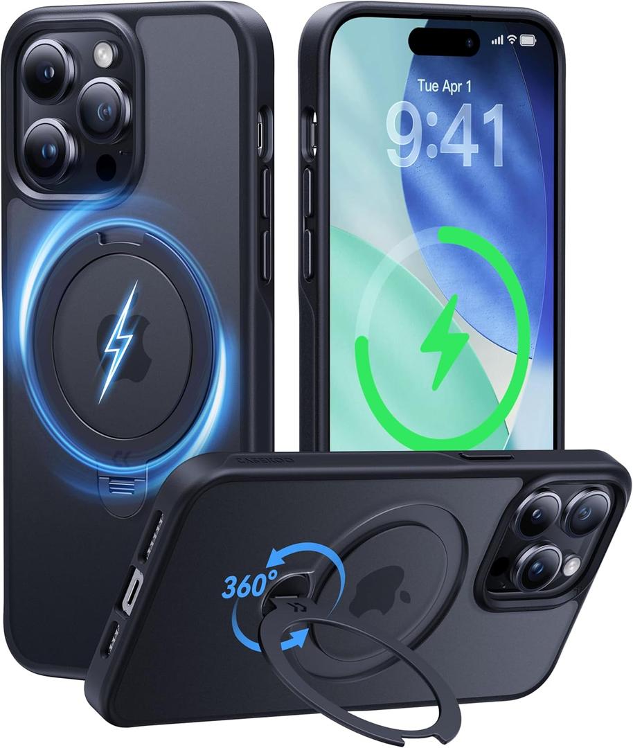 CASEKOO Patented 360 Spin Magnetic Stand for iPhone 14 Pro Max Case [Military Drop Protection] [Non-Slip Edge] [Compatible with MagSafe] Matte Shockproof Slim for 14 ProMax Case 6.7'', Black