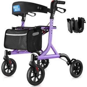 Rollator Walker for Seniors with Cup Holder, Upgraded Thumb Press Button for Height Adjustment, 4 x 8 Wheels Walker with Seat Padded Backrest Folding Lightweight Walking Aid, Purple