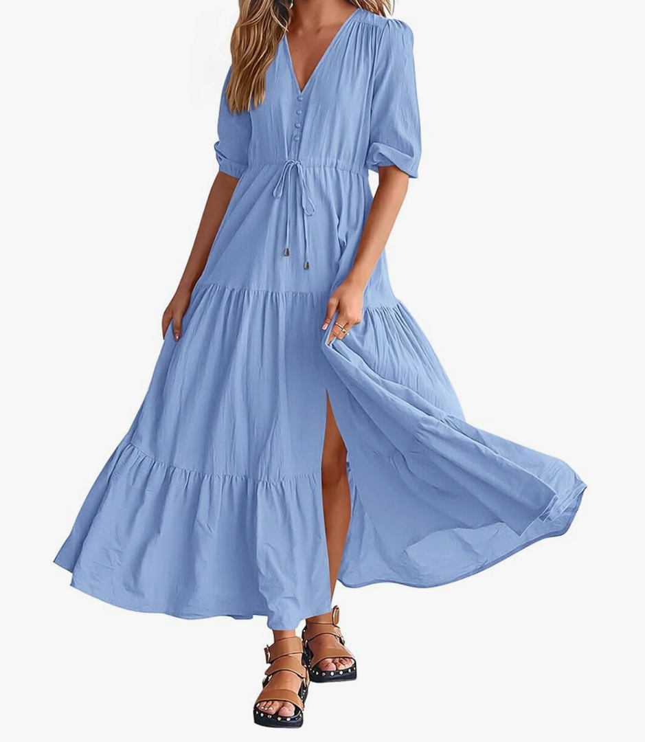 BTFBM Women Summer Dresses Short Sleeves V Neck Button Drawstring Maxi Dresses Solid Color Boho Long Dresses S, Blue