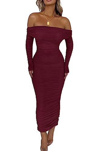 PRETTYGARDEN Women's Fall Off Shoulder Maxi Bodycon Dress Long Sleeve Ruched Fitted Club Dresses with Slit (WineRed,Small)